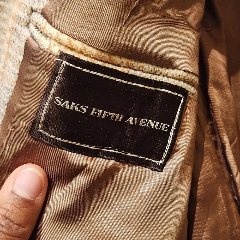 Vintage Saks Fifth Avenue Tan Sz Large Wool Large Pocket Tweed Sport Coat Jacket